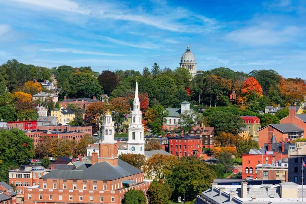 Bird's eye photo of fall foliage in Providence, Rhode Island