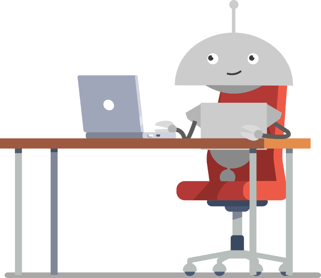 Mia Robot at her computer desk writing for the blog