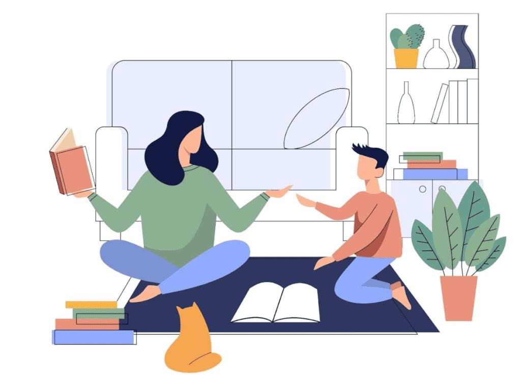 Illustration of mom and son reading together