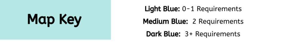Map Key: Light Blue, 0-1 requirements; medium blue, 2 requirements; dark blue, 3+ requirements