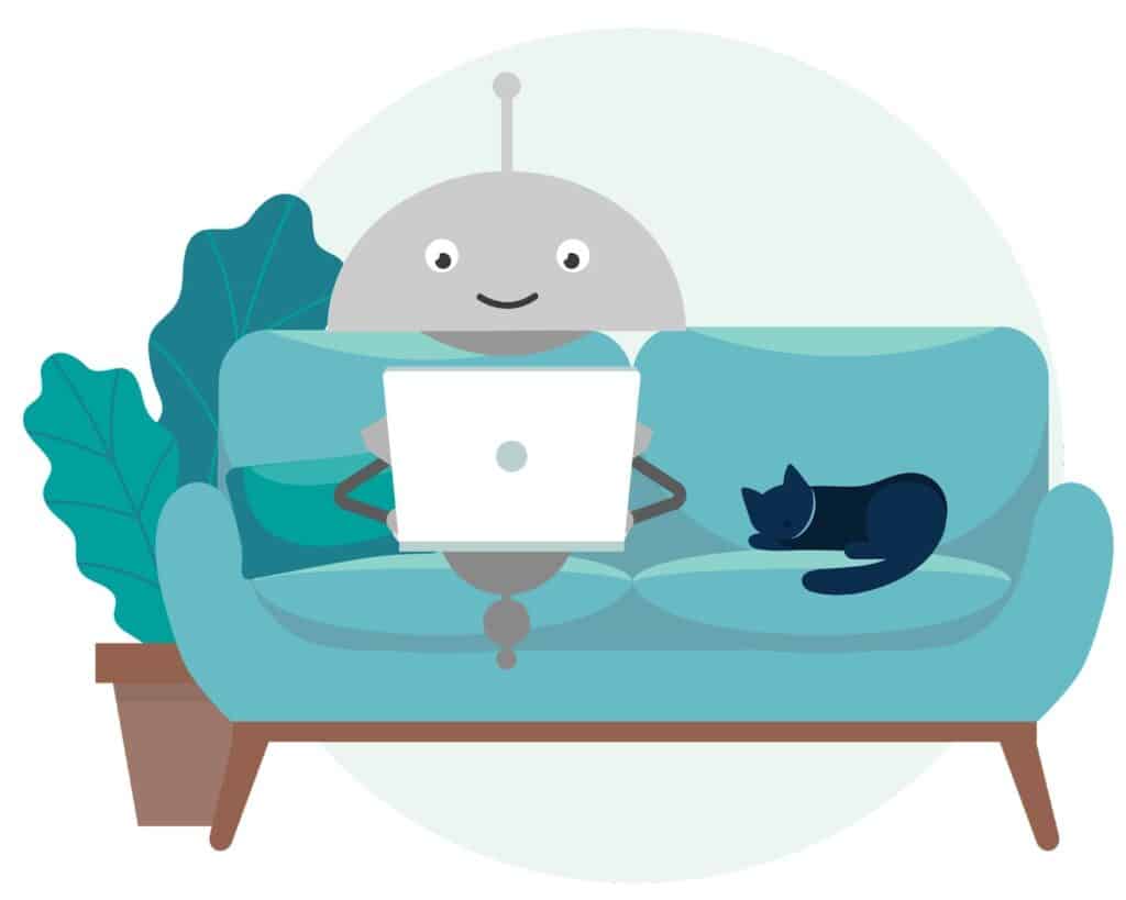 Image of Mia Robot sitting on a sofa with a laptop