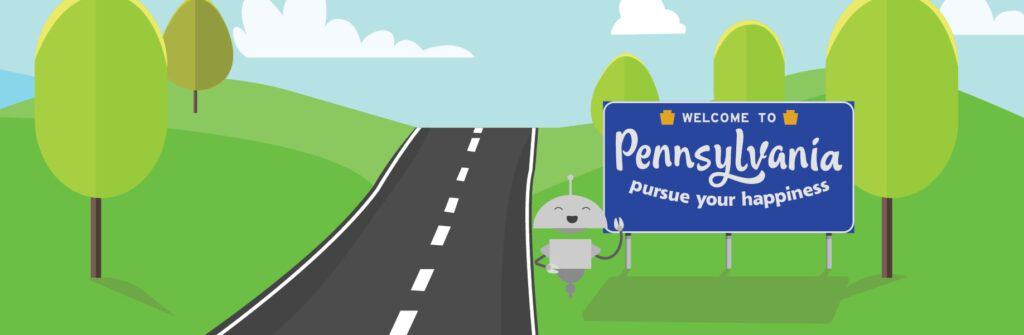 Image of Mia Robot standing next to a Pennsylvania road sign