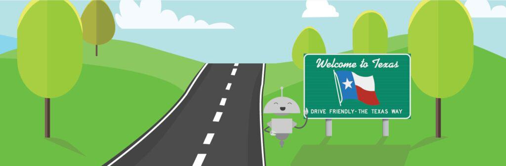 Image of Mia Robot standing next to the Welcome to Texas road sign