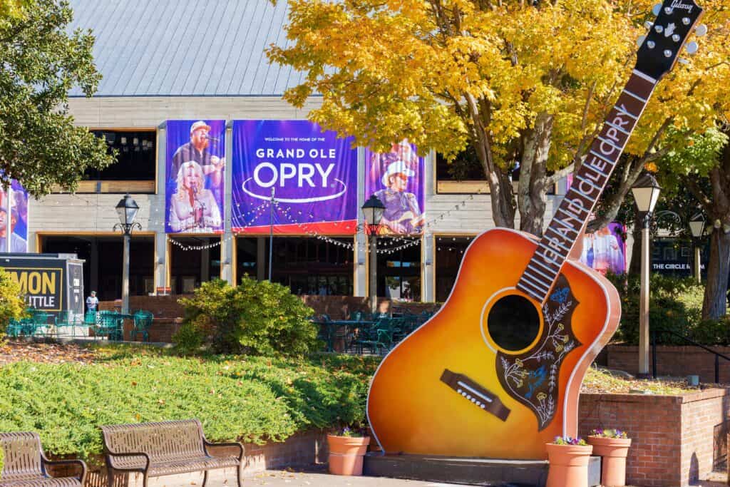 Image of a large guitar statue outside of the Grand Ole Opry in Tennessee